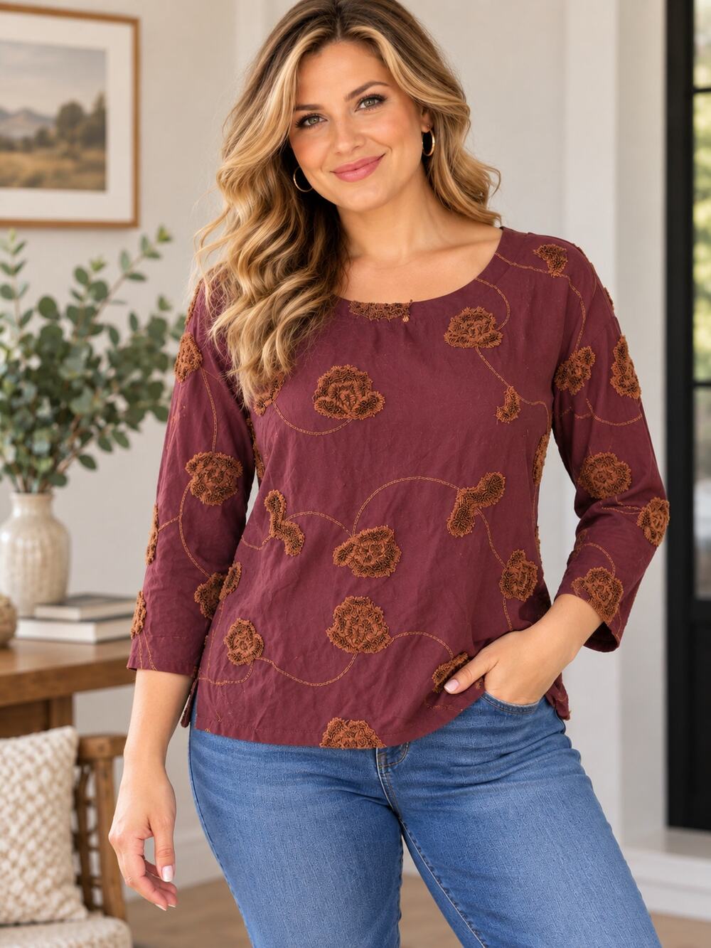 Pure Jill J.Jill XS Plum Embroidered Floral Cotton Boxy Blouse Oversized Top